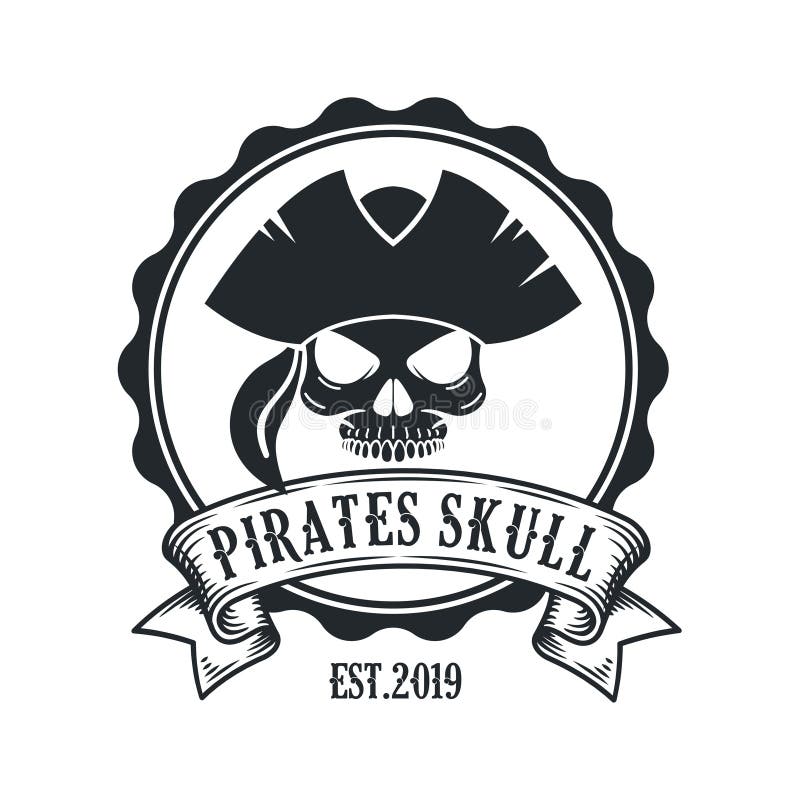 海盗头骨和船舵商标设计传染媒介例证,在白色